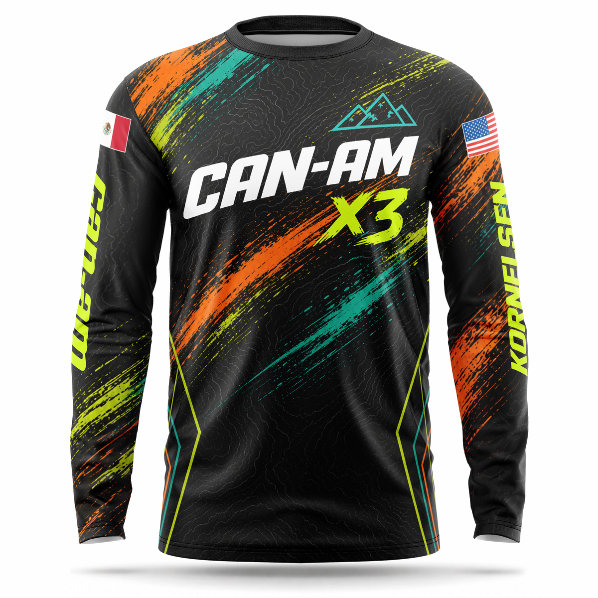 Custom Can-Am X3 UTV racing jersey designed by Command Custom, black jersey with orange, teal, and yellow-green sublimated paint-splatter graphics, mountain icon, US and Mexico flags, and personalized rider names on the sleeves